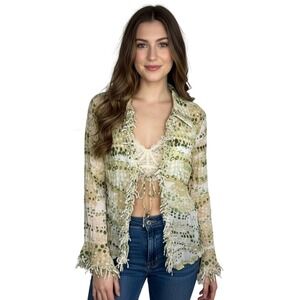 VTG Le Caviar Green Print Ruffle Trim‎ 70s Bell Sleeve Sz Med Tie Front Top